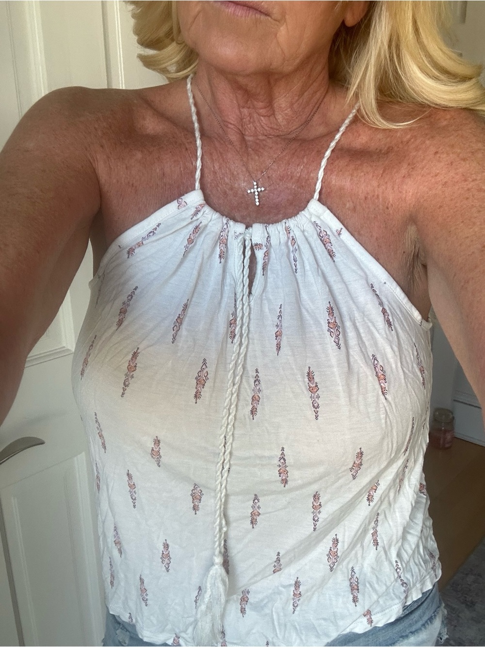 Women's White Halter Tank Top with Pink Floral Print